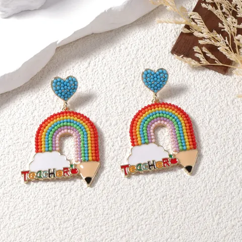 Handmade Rainbow Teacher Beaded Drop Earrings Heart Pencil Cloud Pendant Earrings Back To School Jewelry For Women Gift