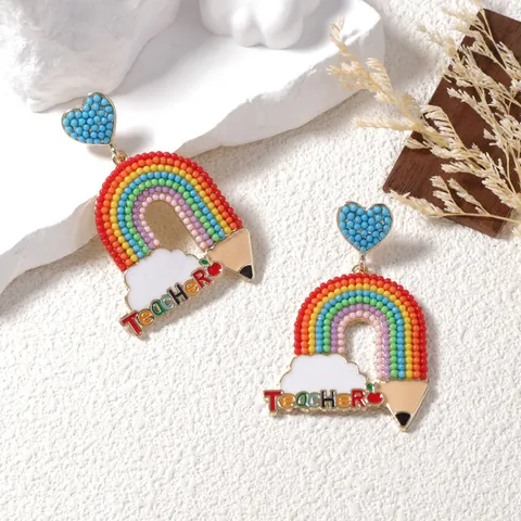 Handmade Rainbow Teacher Beaded Drop Earrings Heart Pencil Cloud Pendant Earrings Back To School Jewelry For Women Gift