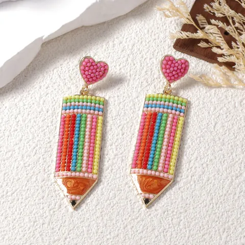 Handmade Seed Bead Pencil Drop Earrings Colorful Alloy Heart Stud Earrings For Women Cute School Style Fashion Jewelry