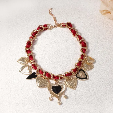 Vintage Alloy Enamel Heart Pendant Necklace With Red Satin Ribbon Gold Plated Chunky Chain Baroque Jewelry For Women