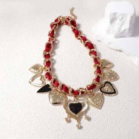 Vintage Alloy Enamel Heart Pendant Necklace With Red Satin Ribbon Gold Plated Chunky Chain Baroque Jewelry For Women