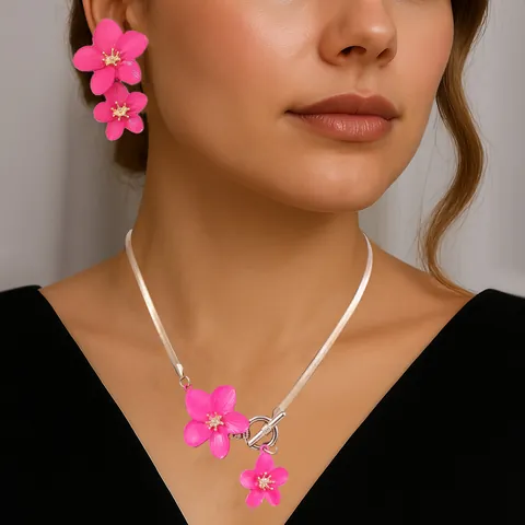 Pastoral Alloy Flower Pendant Necklace With OT Buckle Botanical Jewelry For Women Daily Party Accessory Rose White Black
