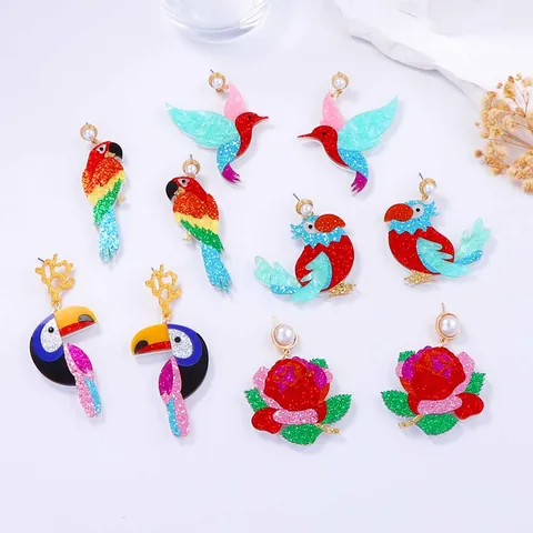 Tropical Bird Flower Acrylic Drop Earrings With Imitation Pearl Glitter Patchwork Parrot Toucan Hummingbird Rose Women Jewelry