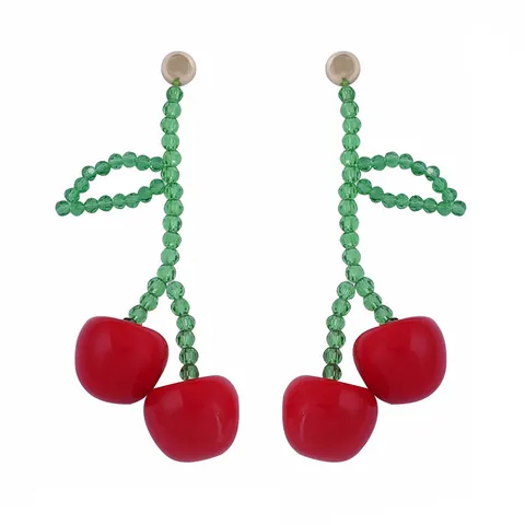 Handmade Beaded Cherry Drop Earrings Sweet Bohemian Fruit Resin Artificial Crystal Dangle Earrings For Women Vacation Jewelry