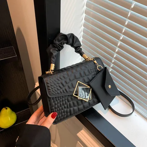 Sac à Main pour Femmes Motif Crocodile Avec Poignée Plissée en Cuir PU Petit Sac Bandoulière Carré Avec Mini Pochette Mode