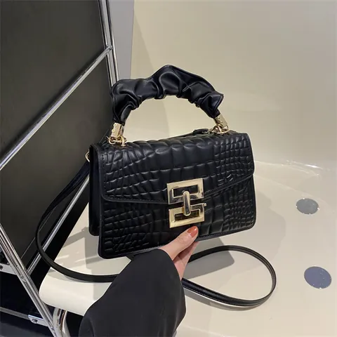 Dames Krokodillenpatroon PU Leer Handtas Geplooide Handgreep Schoudertas Met Metalen Gesp Mode Crossbody Vierkante Tas