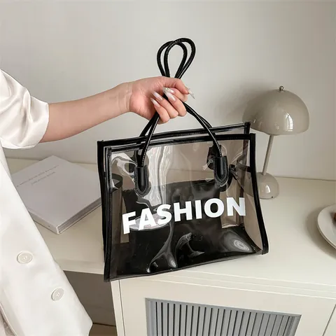 Damen Transparent PVC Jelly Tote Bag Buchstaben Druck Fashion Beach Große Kapazität Schultertasche Mit Innentasche