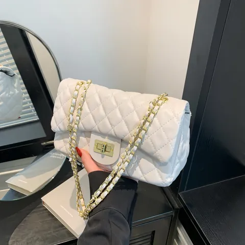 Damen Gesteppte Rauten Umhängetasche Mit Metallkettenriemen PU Leder Mode Schulter Quadratische Tasche Mit Gold-Drehverschluss