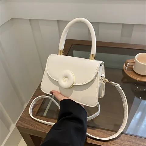 Borsa a Mano Quadrata Piccola in Pelle PU Minimalista per Donna Tinta Unita Tracolla con Manico Superiore Fibbia Rotonda