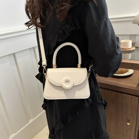 Borsa a Mano Quadrata Piccola in Pelle PU Minimalista per Donna Tinta Unita Tracolla con Manico Superiore Fibbia Rotonda