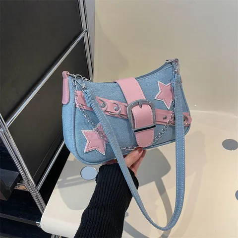 Women's Y2K Denim Underarm Bag Pink Star Patchwork Streetwear Shoulder Bag With Metal Chain Buckle Zipper Closure Bag