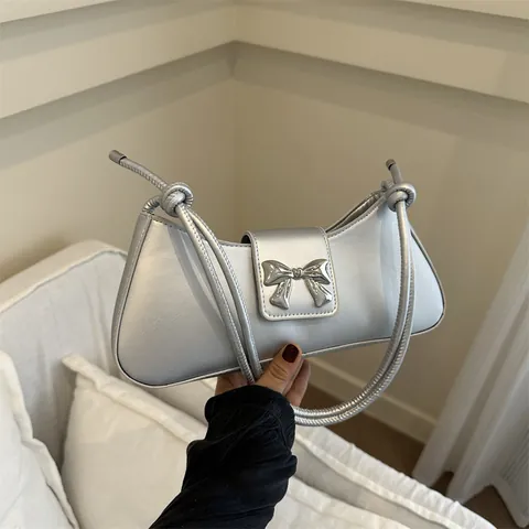 French Style Women Underarm Bag PU Leather Bowknot Buckle Knotted Strap Vintage Shoulder Baguette Bag Solid Color Daily Purse