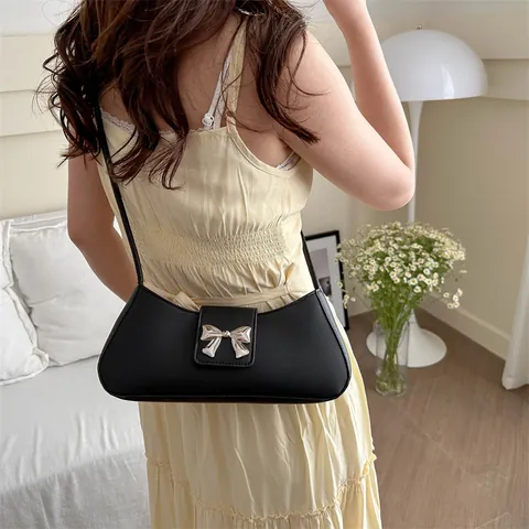 French Style Women Underarm Bag PU Leather Bowknot Buckle Knotted Strap Vintage Shoulder Baguette Bag Solid Color Daily Purse