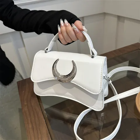 Trendy Lychee Pattern PU Leather Small Square Bag With Crescent Moon Buckle Women Fashion Shoulder Crossbody Bag Handbag
