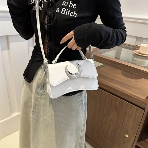 Trendy Lychee Pattern PU Leather Small Square Bag With Crescent Moon Buckle Women Fashion Shoulder Crossbody Bag Handbag