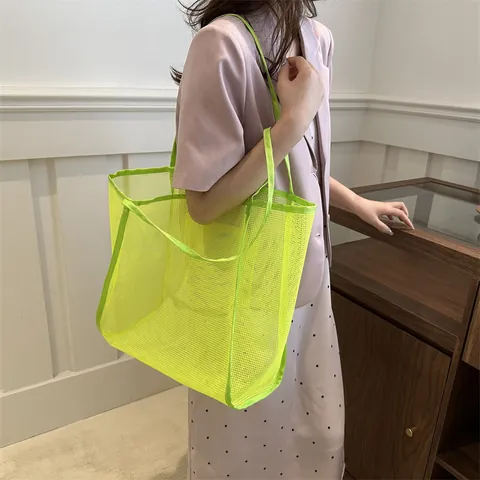 Bolso de Mano de Malla Transparente para Mujer Gran Capacidad de Nylon Transpirable Bolso de Hombro para Playa Minimalista