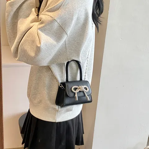 Vrouwen Koreaanse Strik Strass Handtas Elegante PU Leer Kleine Vierkante Tas Met Ketting Schouderriem Mode Dagelijkse Crossbody Tas