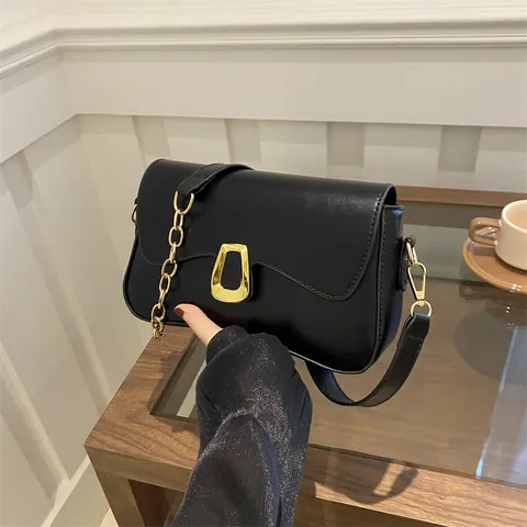Französisch Vintage Damen PU Leder Achseltasche Minimalistisch Goldkette Umhängetasche Geometrische Schnalle Kleine Quadratische Tasche