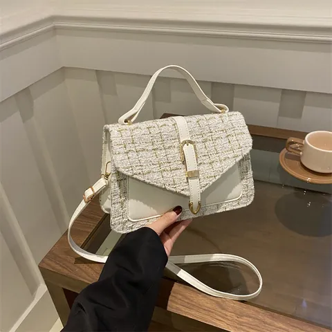 Damen Vintage Tweed Patchwork Handtasche Elegante Französische Stil Karierte Umhängetasche Mit Verstellbarem Gurt Metallschnalle