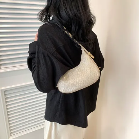 Bolso de Axila de Lentejuelas Brillantes para Mujer Bolso Hobo de Media Luna de Cuero PU para Fiesta Moda Diaria Color Sólido