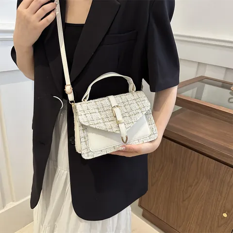 Damen Vintage Tweed Patchwork Handtasche Elegante Französische Stil Karierte Umhängetasche Mit Verstellbarem Gurt Metallschnalle