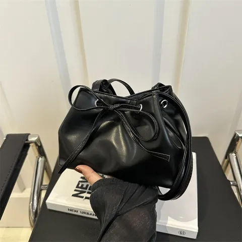 Women Fashion Bow Decor PU Leather Bucket Bag Niche Design Underarm Shoulder Bag Trendy Drawstring Commuter Handbag Purse