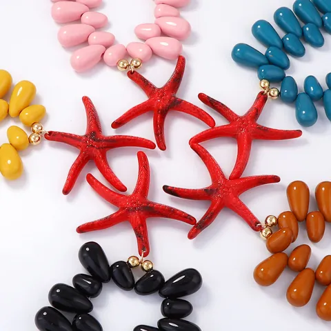 Ocean Style Vacation Statement Beaded Necklace With Red Starfish Pendant Colorful Teardrop Beads Adjust Chain Jewelry For Women