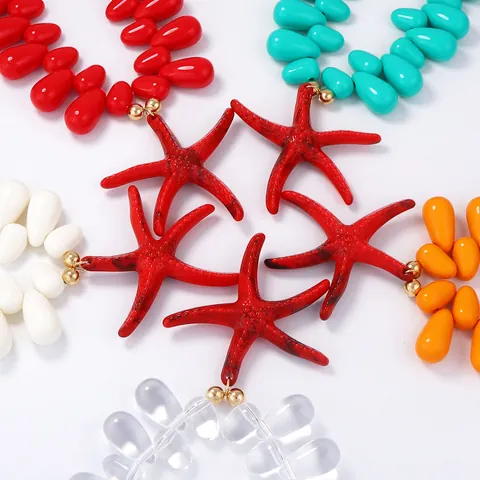 Ocean Style Vacation Statement Beaded Necklace With Red Starfish Pendant Colorful Teardrop Beads Adjust Chain Jewelry For Women
