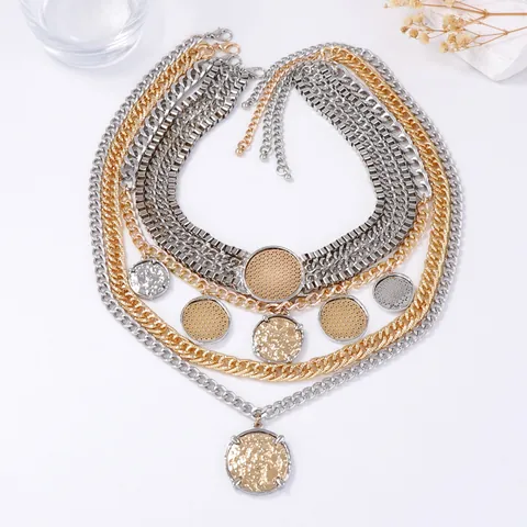 Women Multi Layered Mixed Metal Chain Necklace Set With Round Hammered Coin Pendants Punk Hip Hop Fashion Jewelry
