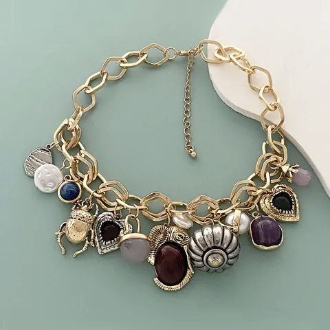 Vintage Bohemian Multi-Pendant Chunky Chain Necklace Women Zinc Alloy Scarab Heart Faux Artificial Pearl Gemstone Statement Jewelry