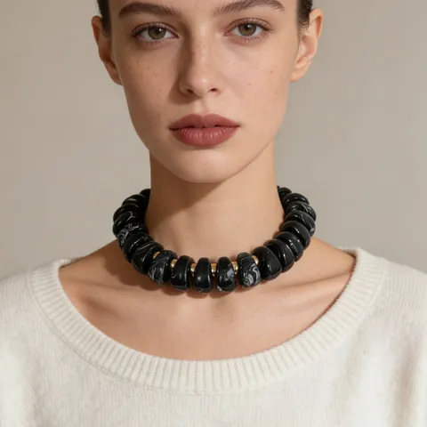 Collier Ras du Cou Exagéré Géométrique en Résine avec Perles de Marbre Pour Femme Bijoux Fantaisie Bohème Vintage Statement