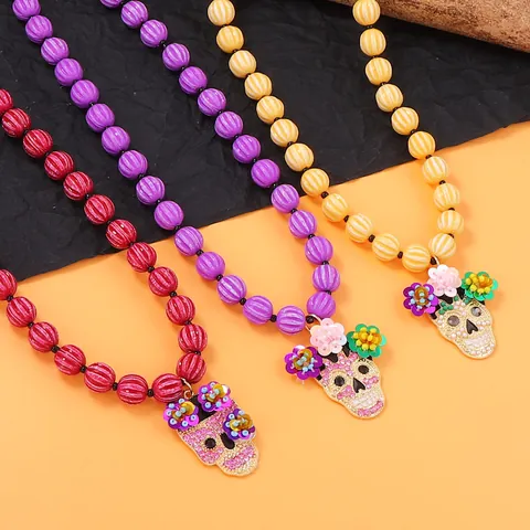 Halloween Jour Des Morts Crâne En Sucre Collier De Perles Pour Femmes Alliage Zircone Pendentif Floral Bijoux De Fête Cadeau