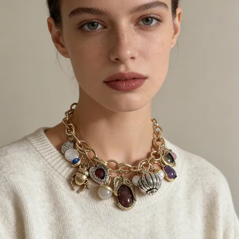 Vintage Bohemian Multi-Pendant Chunky Chain Necklace Women Zinc Alloy Scarab Heart Faux Artificial Pearl Gemstone Statement Jewelry