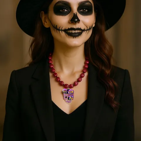 Halloween Jour Des Morts Crâne En Sucre Collier De Perles Pour Femmes Alliage Zircone Pendentif Floral Bijoux De Fête Cadeau