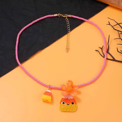 Collana con Pendente Halloween Zucca Caramella di Mais Corda Intrecciata Rosa Lega Resina Gioielli Cartoon per Bambine Ragazze Festa