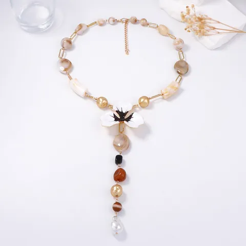 Bohemian Alloy Enamel Flower Resin Beaded Y Necklace And Earrings Vintage Artificial Baroque Pearl Elegant Jewelry For Women