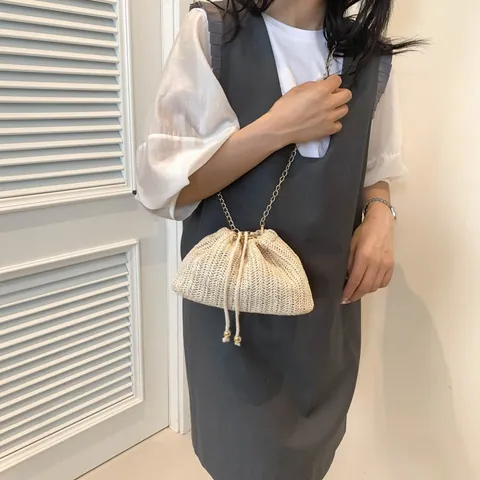 Borsa a Secchiello in Paglia Intrecciata da Donna Borsa a Tracolla Piccola Designer Estiva Coulisse per Spiaggia Vacanza Catena