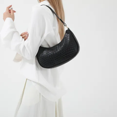 Damen PU Leder Tasche mit Webmuster Halbmond Hobo Bag Minimalistisch Unterarm Schultertasche Vintage Casual Umhängetasche
