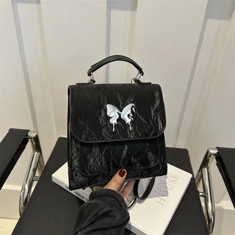 Niche Design Pleated Leather Butterfly Ornament Backpack For Women Fashion Daily Small Square Handbag Sweet Chic Travel Bag