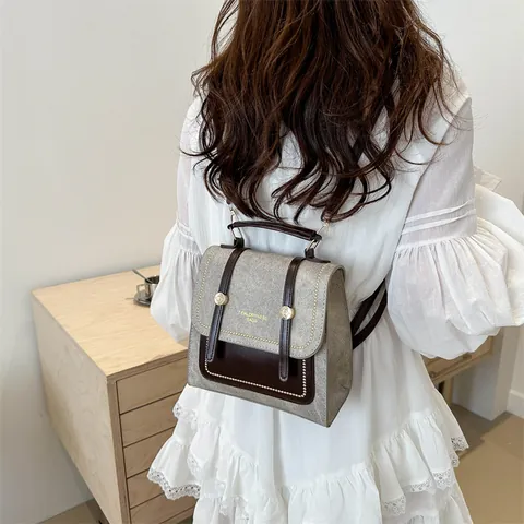 Women Retro Patchwork Backpack Handbag PU Leather Denim Fabric Crossbody Bag With Gold Studs Vintage Small Square Bag For Daily Matching