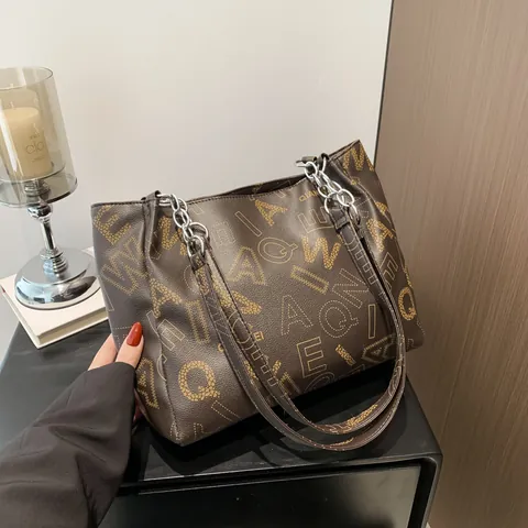 Large Capacity PU Leather Tote Bag Fashion Letter Print Shoulder Bag With Metal Chain Strap Versatile Commuting Handbag For Women