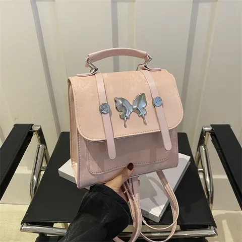 Women's Fashion PU Leather Butterfly Buckle Mini Backpack Handheld Shoulder Crossbody Square Bag Solid Color Trendy Daily Bag