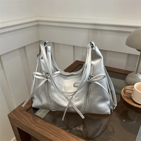Borsa a Spalla da Donna in Pelle PU con Fiocco e Doppie Cerniere Moda Y2K Sottobraccio Tote per Pendolarismo e Uso Quotidiano