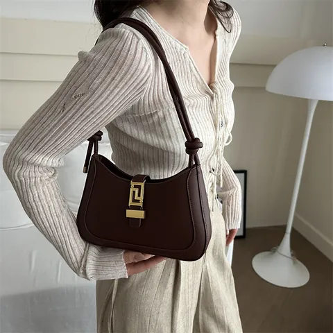 Women's PU Leather Underarm Bag Minimalist Shoulder Bag With Geometric Gold Lock Vintage Hobo Crossbody Bag Daily Fashion Handbag