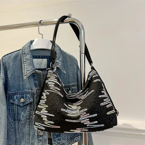 Borsa Tote da Donna Leggera in PU Ricamo a Onde Colorate Borsa a Tracolla Trapuntata Diversi Modi di Indossare Zaino Borsa a Mano
