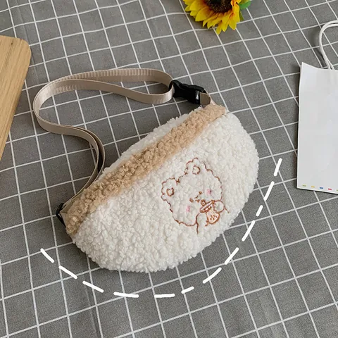 Women's Cute Plush Faux Fur Waist Bag Cartoon Bear Embroidery Chest Bag Winter Crossbody Shoulder Bag For Casual Travel Daily