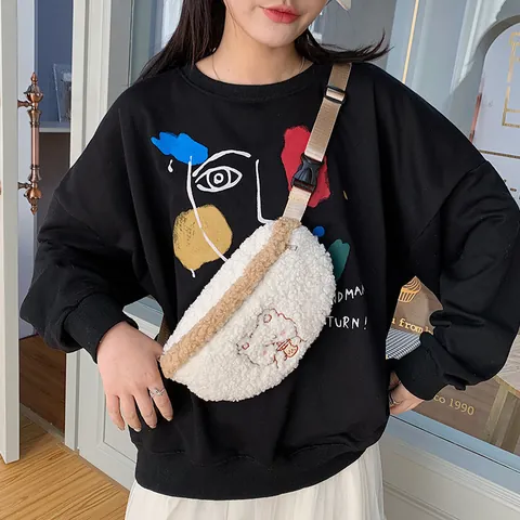Women's Cute Plush Faux Fur Waist Bag Cartoon Bear Embroidery Chest Bag Winter Crossbody Shoulder Bag For Casual Travel Daily