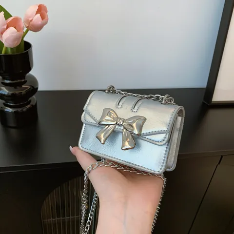 Mini Borsa a Tracolla da Donna in Stile Dolce e Fresco Borsa Quadrata in Pelle PU Con Catena e Decorazione a Fiocco