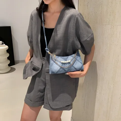Borsa Sottobraccio Hobo in Denim Texture per Donna Moda Catena Perla Artificial Decor Spalla Borsa a Tracolla Versatile Borsetta Quotidiana