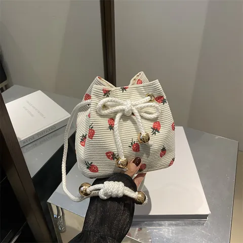Vintage Corduroy Strawberry Bucket Bag For Women Sweet Drawstring Shoulder Bag With Cotton Rope Strap And Metal Beads